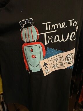 Time To Travel Graphic Tee - Black with Teal & Red Luggage Cotton